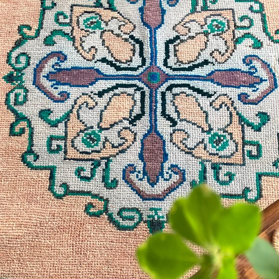 コーラルベージュ77×202グリーン　メダリオンランナー　トルコヴィンテージラグ