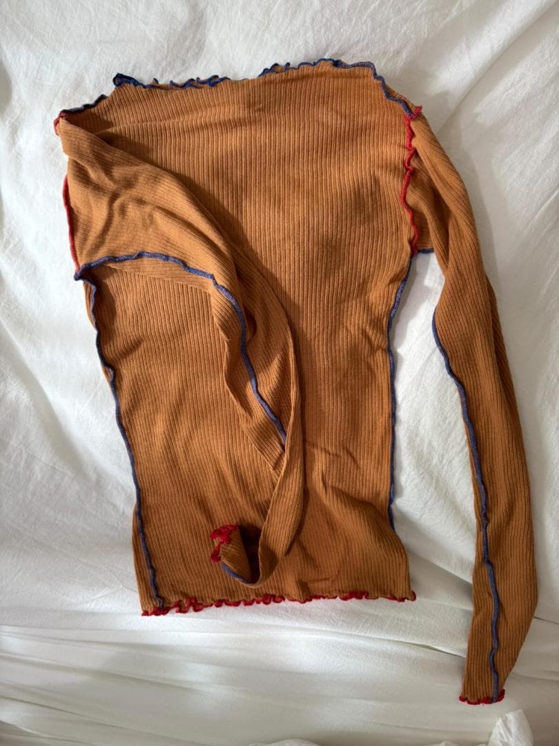 オレンジ色リブ編み長袖Tシャツ S