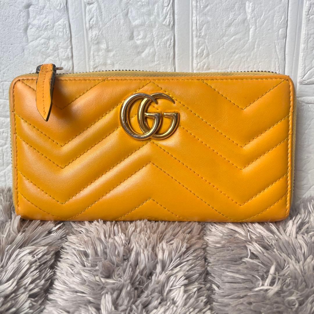 良品✨GUCCI マーモント　長財布　キルティング　ラウンドファスナー　イエロー