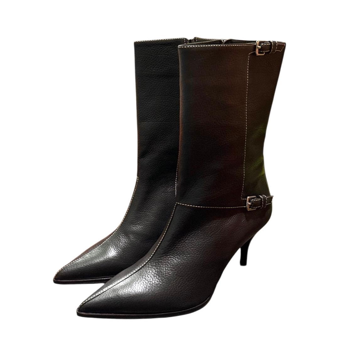 エルメス　新品　レザー ポインテッドトゥブーツ 38 バックル付き
