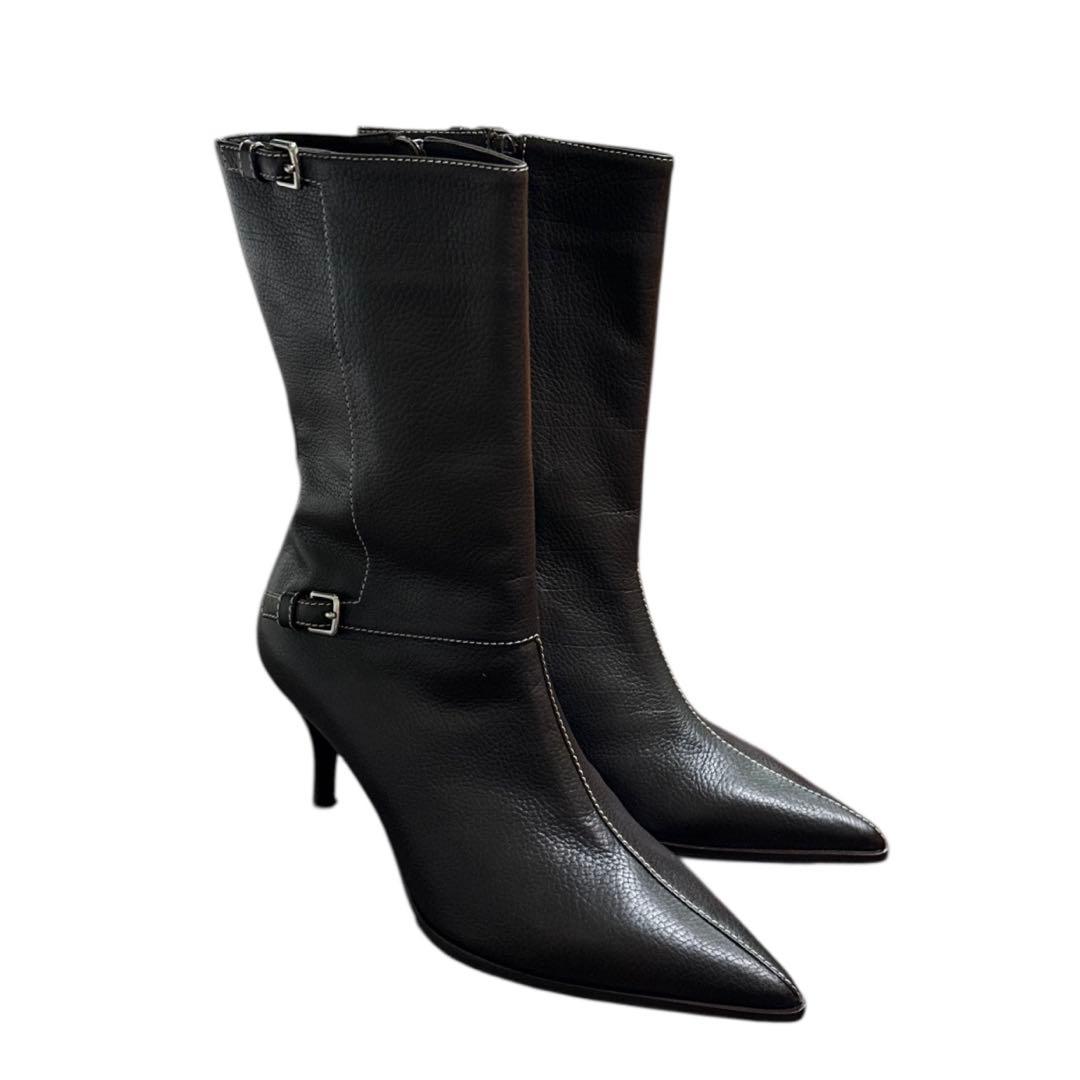 エルメス　新品　レザー ポインテッドトゥブーツ 38 バックル付き