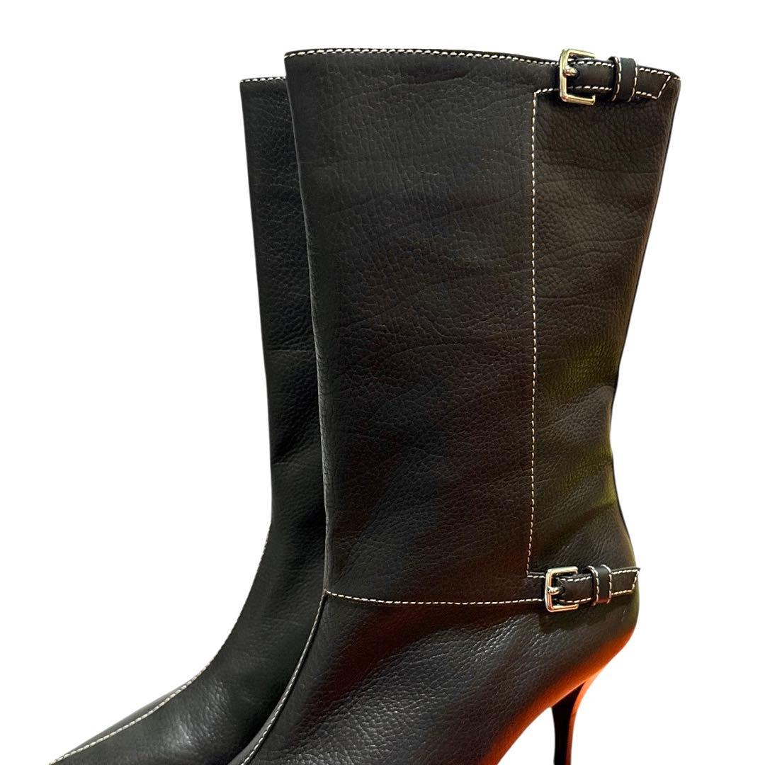 エルメス　新品　レザー ポインテッドトゥブーツ 38 バックル付き