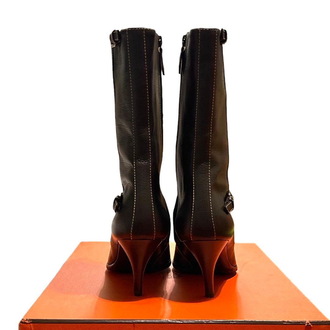 エルメス　新品　レザー ポインテッドトゥブーツ 38 バックル付き