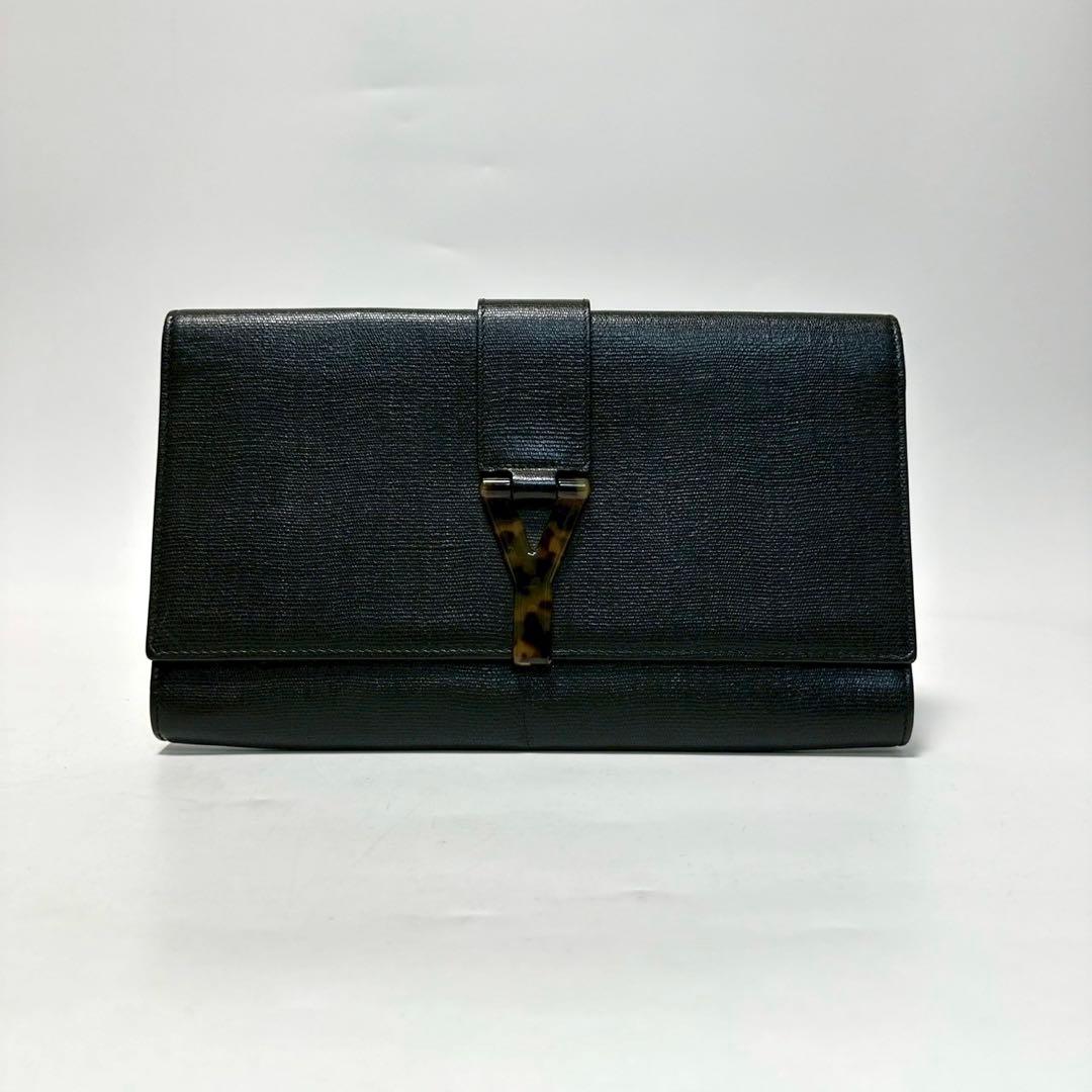 r06【極美品】イヴサンローラン Yライン　レザー　ブラック　クラッチバッグ