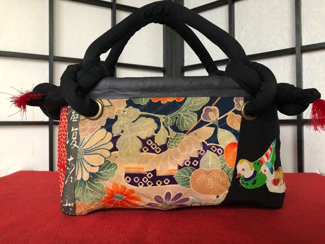 一閑張り　一閑張りバック　 江戸縮緬　古布　犬張子