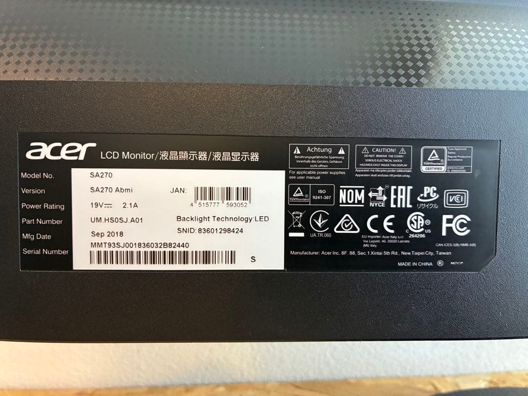 acer 27インチ　PCディスプレー　SA270