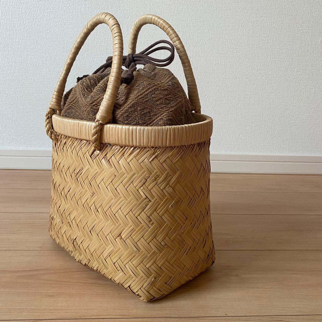 竹細工　手提げ籠　刺子の内布つき
