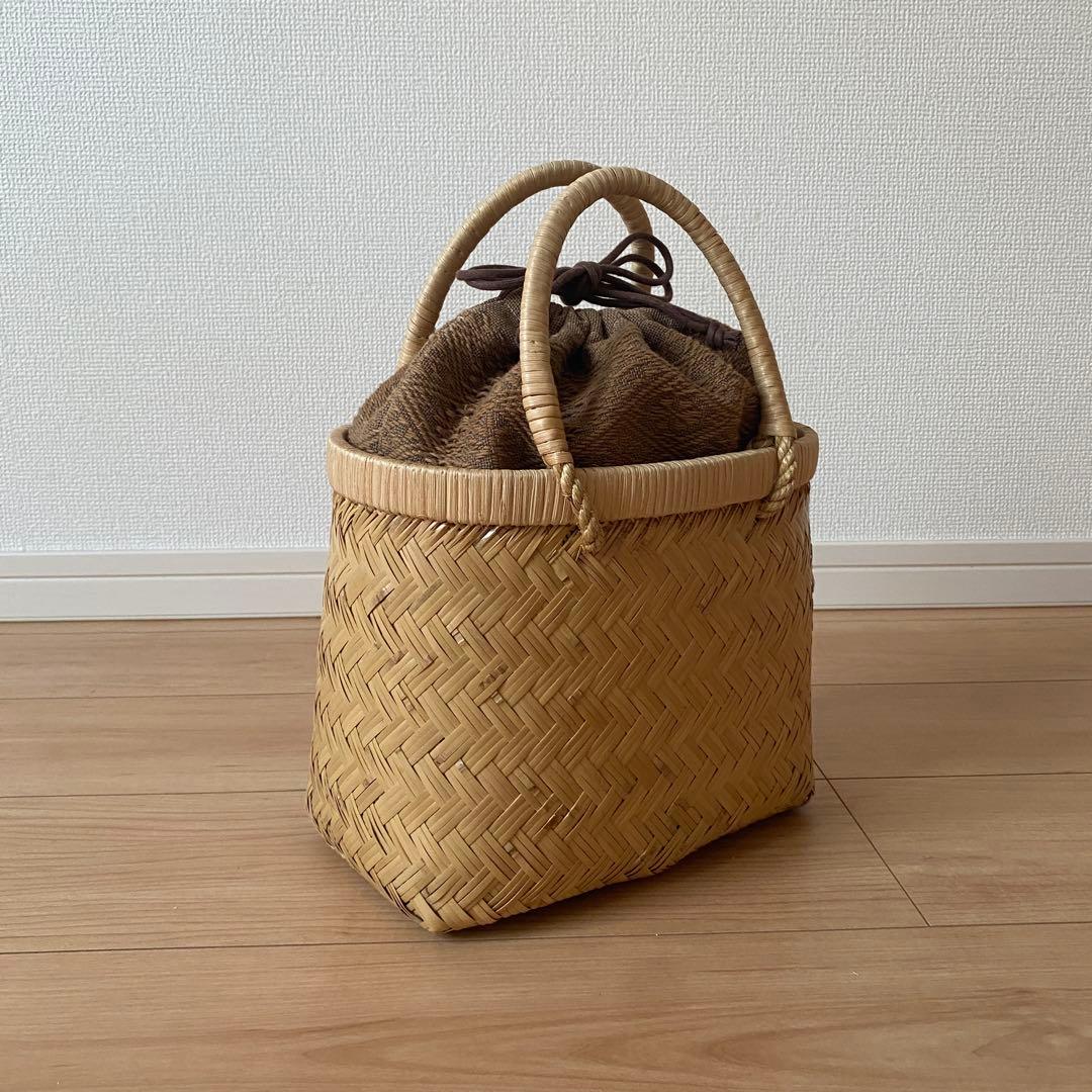 竹細工　手提げ籠　刺子の内布つき