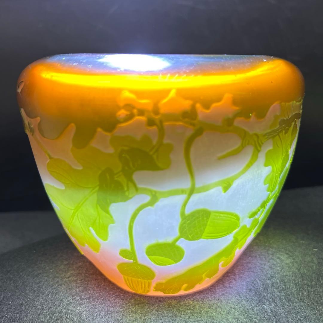 エミール・ガレ　第二期工房酸化腐食彫花入　木箱　幅約14㎝東Y8-0130☆1F