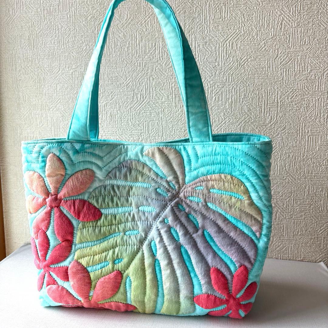 ハワイアンキルト　ハンドメイド　トートバッグ　モンステラ