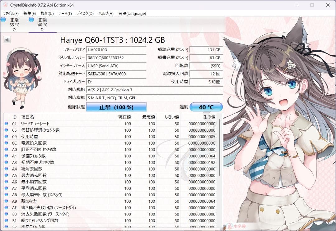 【使用時間極少】Hanye Q60 1TB SATA SSD 2.5インチ。