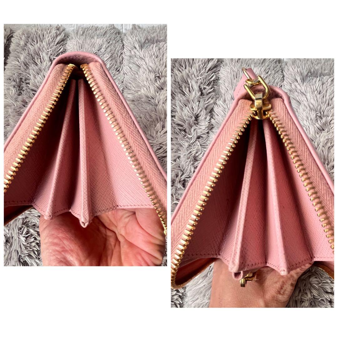 良品✨PRADA ピンク　三角ロゴ　サフィアーノ　ラウンドファスナー　長財布