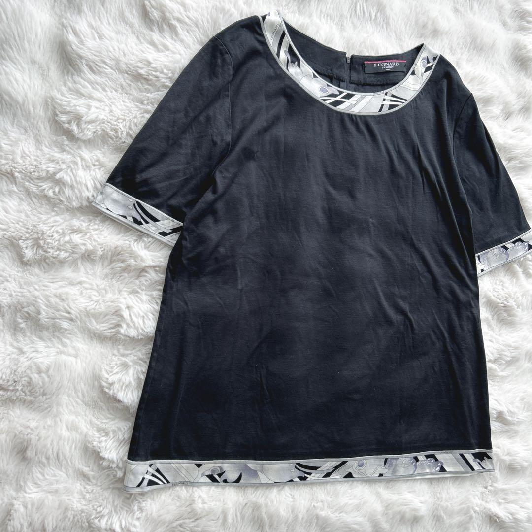 レオナール★トリム　無地　ブラック　コットン　半袖　カットソー