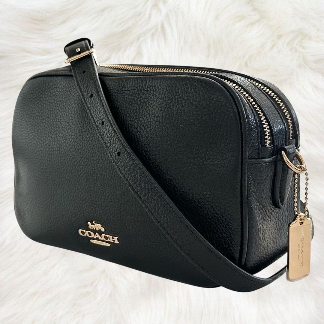 美品 コーチ ジェス カメラバッグ 2way ダブルジップ シボ革 ブラック