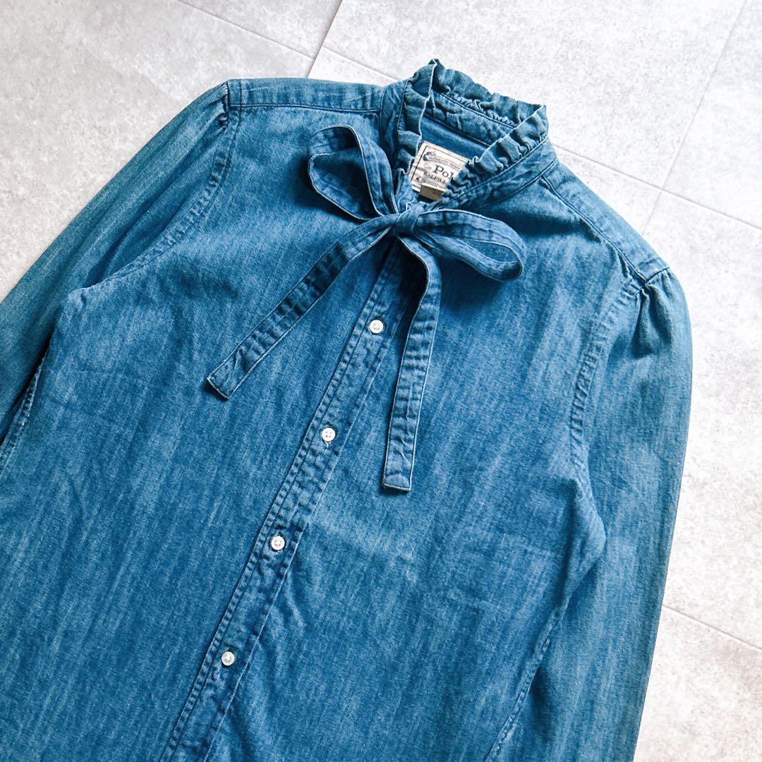 【完品/タグ付き】ポロラルフローレン　デニム　シャツ　ボウタイ　ブラウス　L