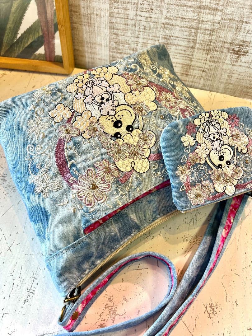 ＊お纏めリクエスト＊SSライトブルーWデニム刺繍のショルダーバッグ♡ケース