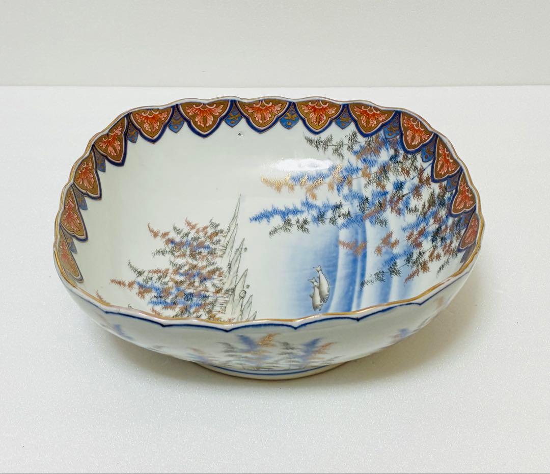 31日掲載終了 明治 香蘭社 有田焼 オールド香蘭社 色絵竹林鮎文 大鉢