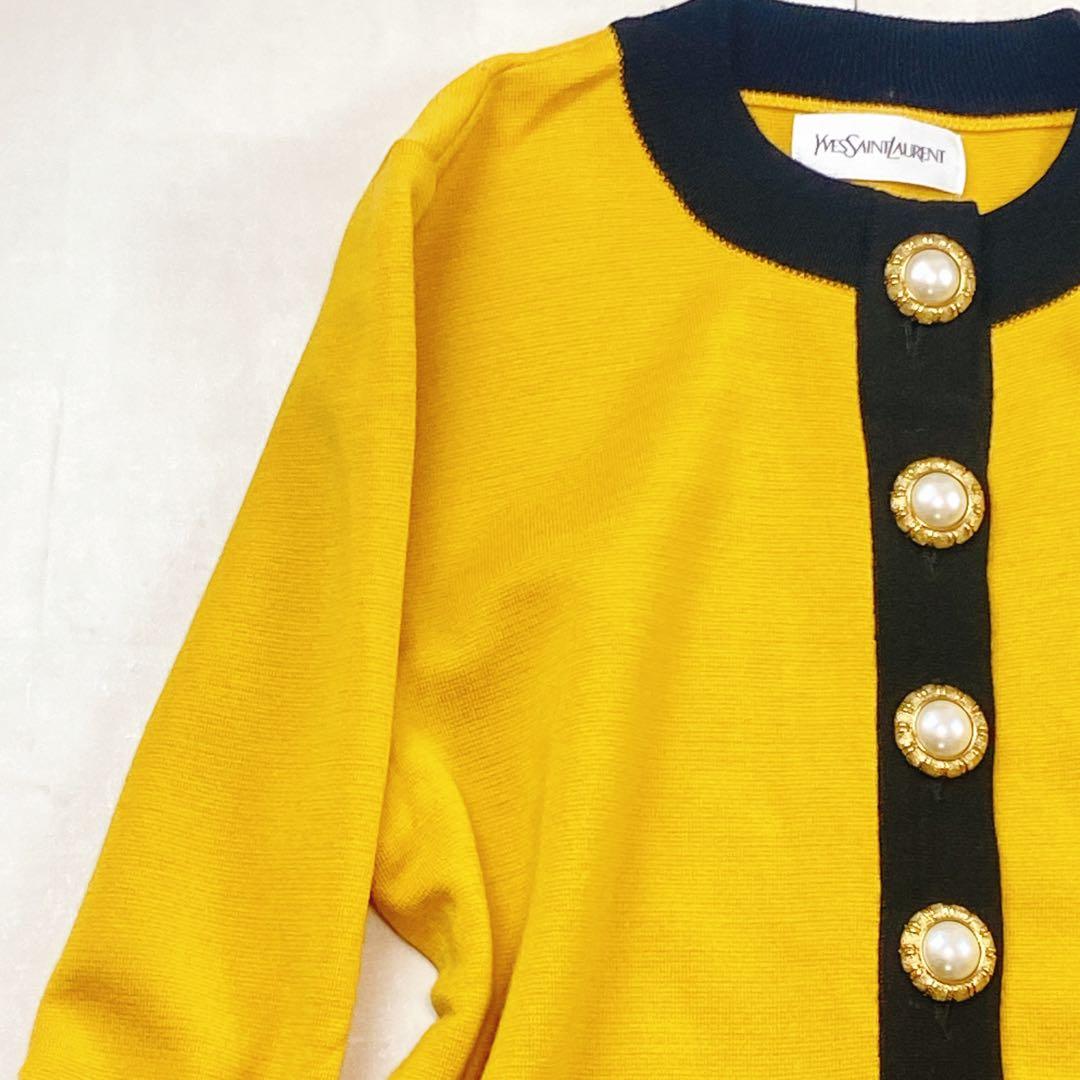 美品 サンローラン 金ボタン パールボタン ニットワンピース イエロー