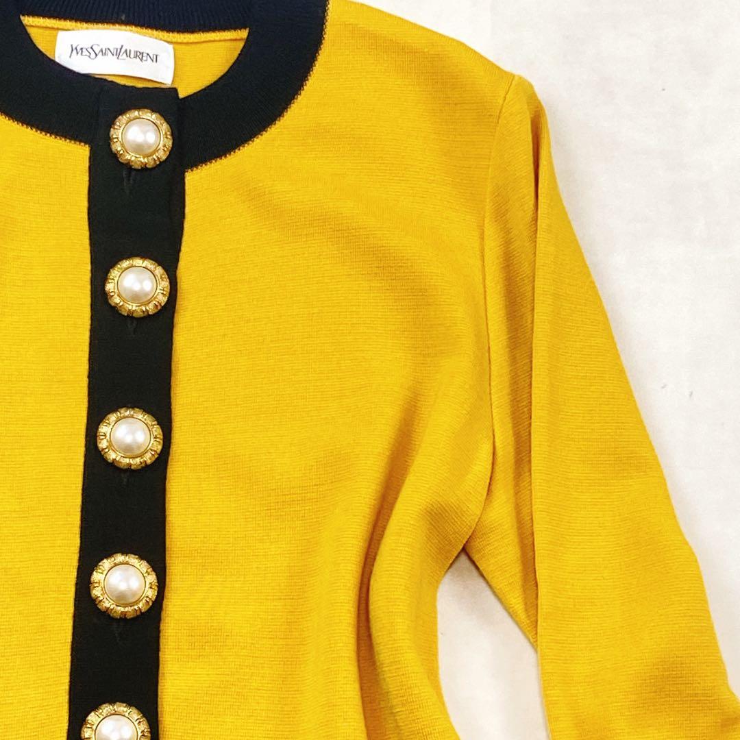 美品 サンローラン 金ボタン パールボタン ニットワンピース イエロー