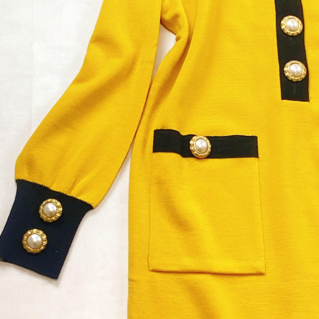 美品 サンローラン 金ボタン パールボタン ニットワンピース イエロー
