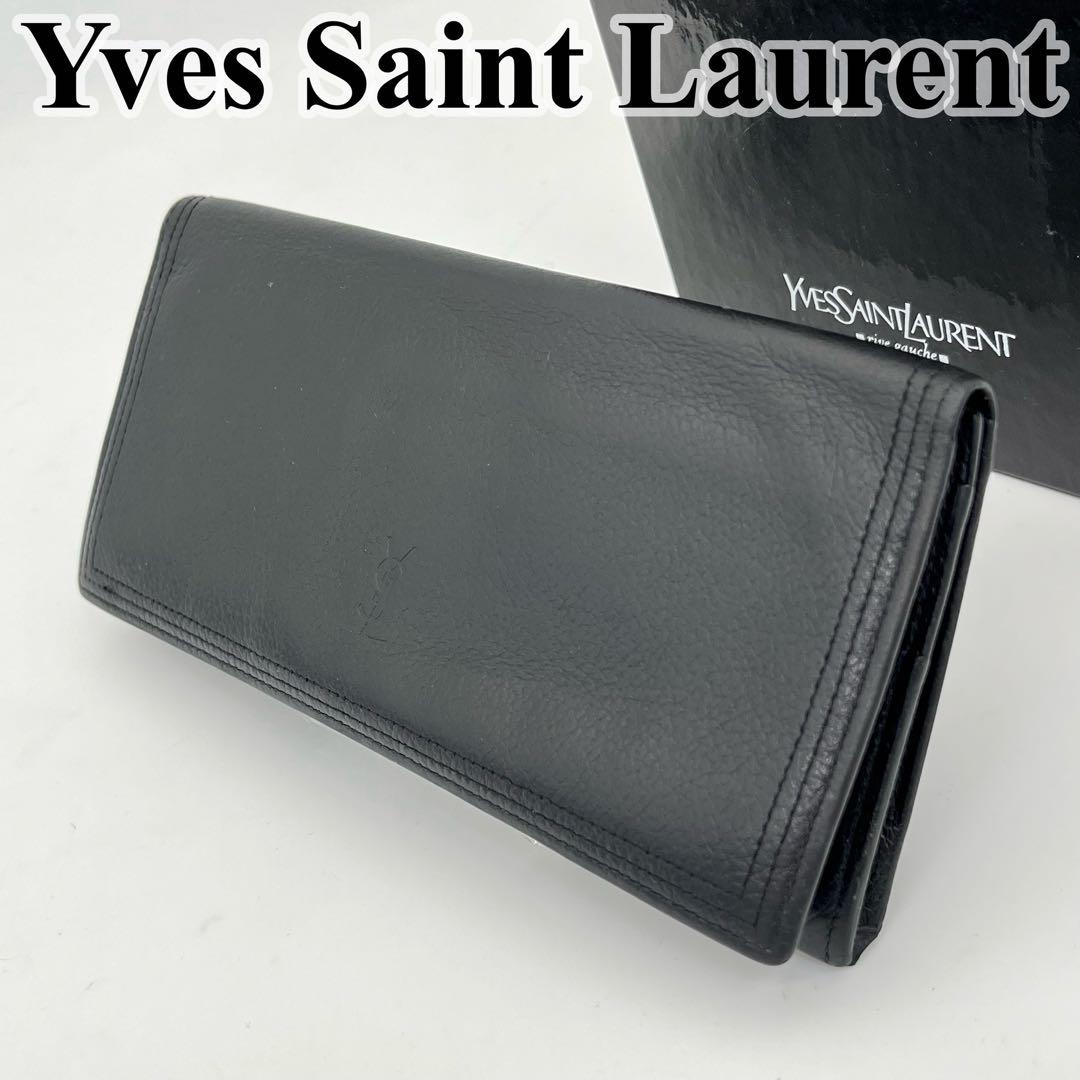 イヴサンローラン 長財布 フラップ 折りたたみ カサンドラ YSLロゴ 黒 本革