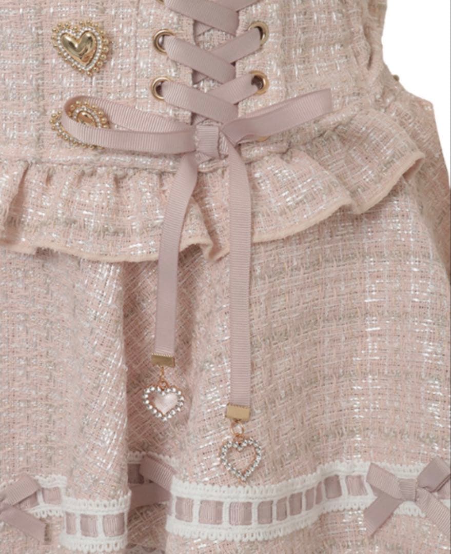 【新品タグ付】リズリサ はしごリボンツイードティアードスカパン　ピンク