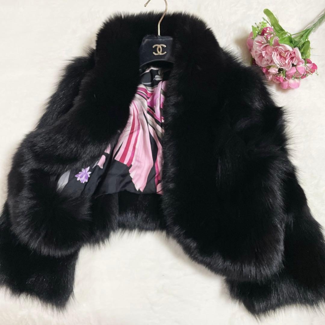 超極美品● レオナール ファー ジャケット フォックスファー 総柄 ブラック M