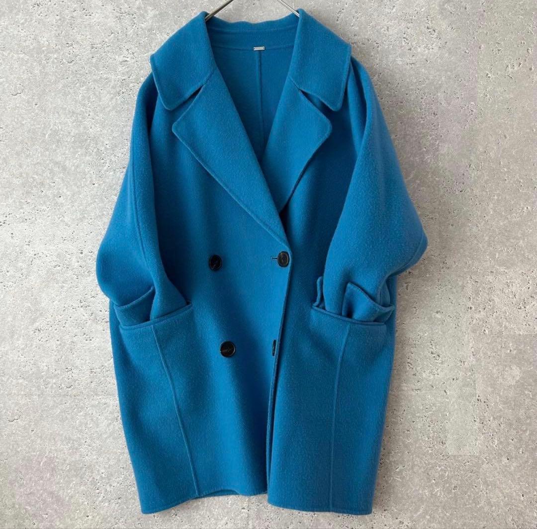 Mila Owen フラップポケットハーフ丈コクーン接結コート　ブルー