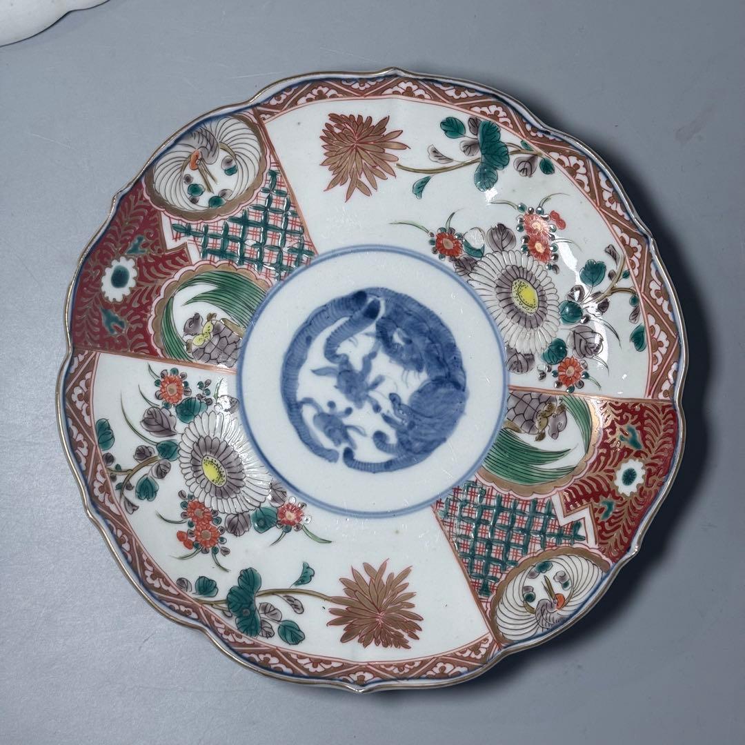 古伊万里　色絵七寸輪花形皿　冨貴長春　円龍　植物　鶴亀　直径21.6cm　江戸期