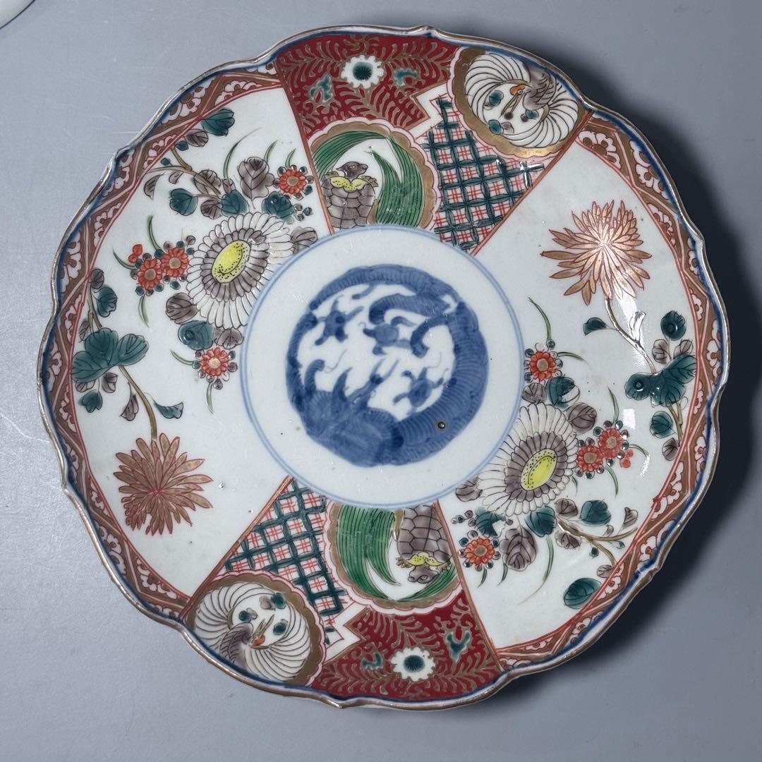 古伊万里　色絵七寸輪花形皿　冨貴長春　円龍　植物　鶴亀　直径21.6cm　江戸期