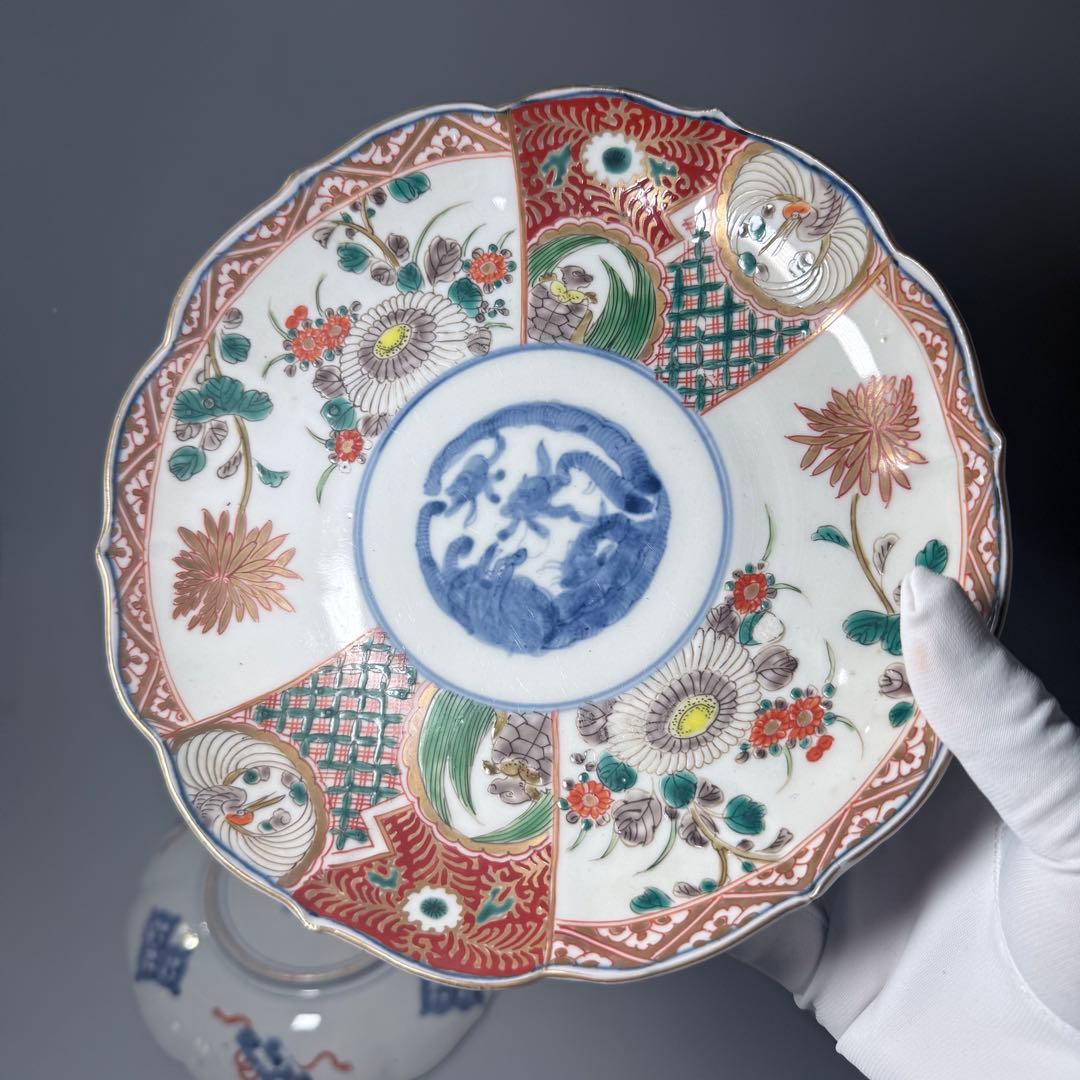 古伊万里　色絵七寸輪花形皿　冨貴長春　円龍　植物　鶴亀　直径21.6cm　江戸期