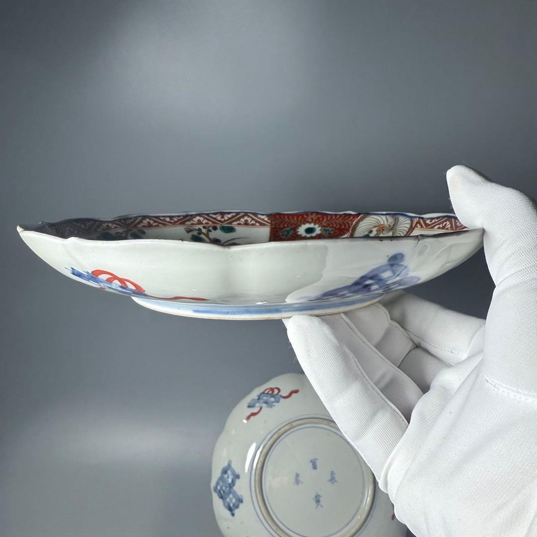 古伊万里　色絵七寸輪花形皿　冨貴長春　円龍　植物　鶴亀　直径21.6cm　江戸期