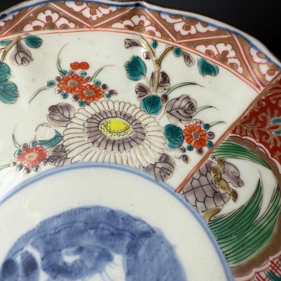 古伊万里　色絵七寸輪花形皿　冨貴長春　円龍　植物　鶴亀　直径21.6cm　江戸期