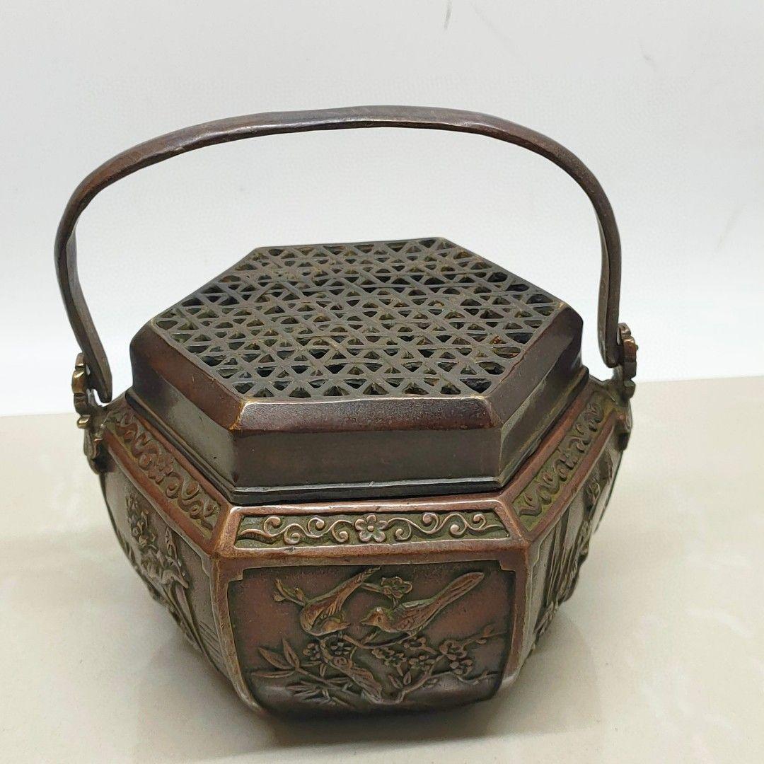 銅製 提梁暖手炉 喜上枝頭手提げ暖手炉 香炉 香道具 装飾品 工芸品 置物