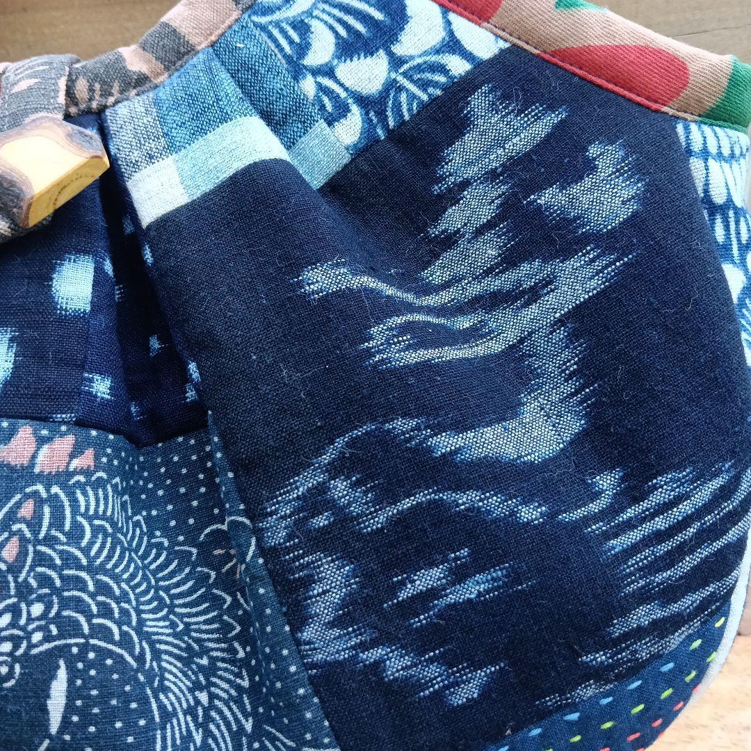 古布鶴亀　グラニーバッグ　鶴亀寿　藍染型染　ハンドメイド　柿渋染め