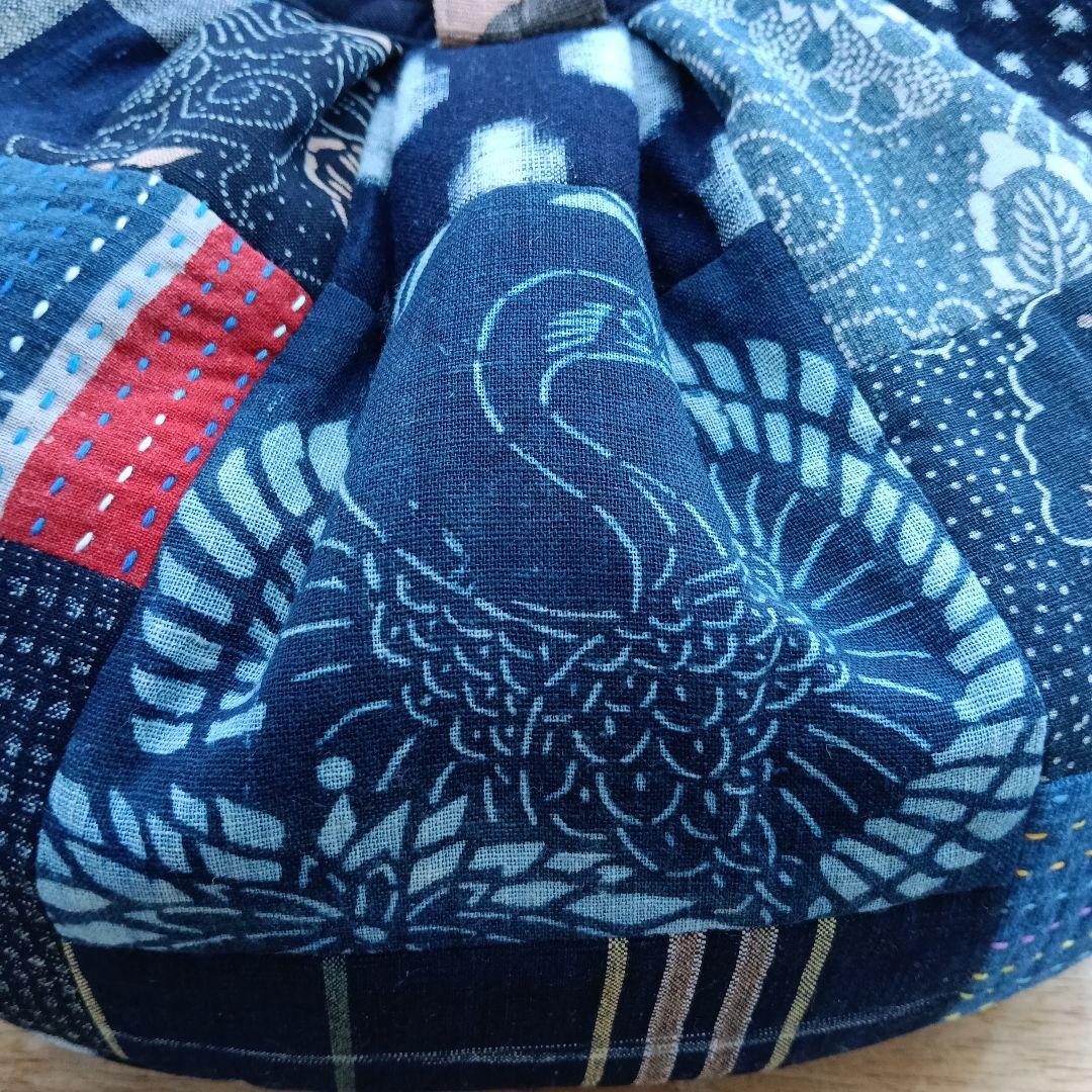 古布鶴亀　グラニーバッグ　鶴亀寿　藍染型染　ハンドメイド　柿渋染め