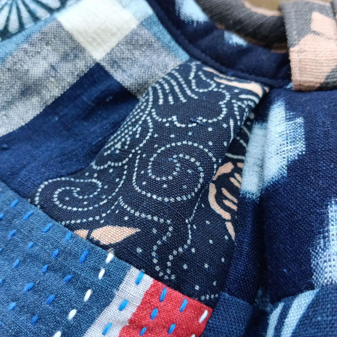 古布鶴亀　グラニーバッグ　鶴亀寿　藍染型染　ハンドメイド　柿渋染め