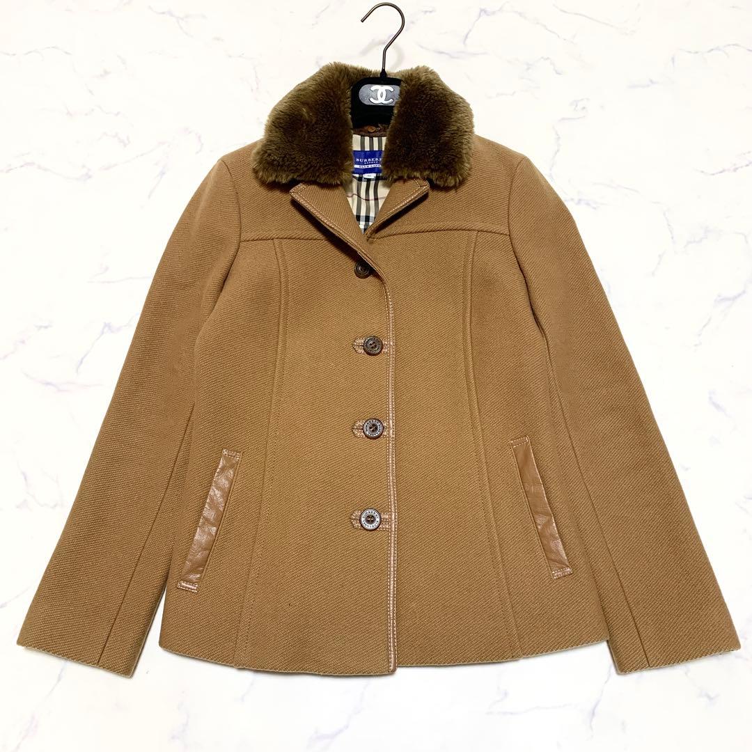 バーバリーブルーレーベル ピーコート ノバチェック キャメル ファー 38