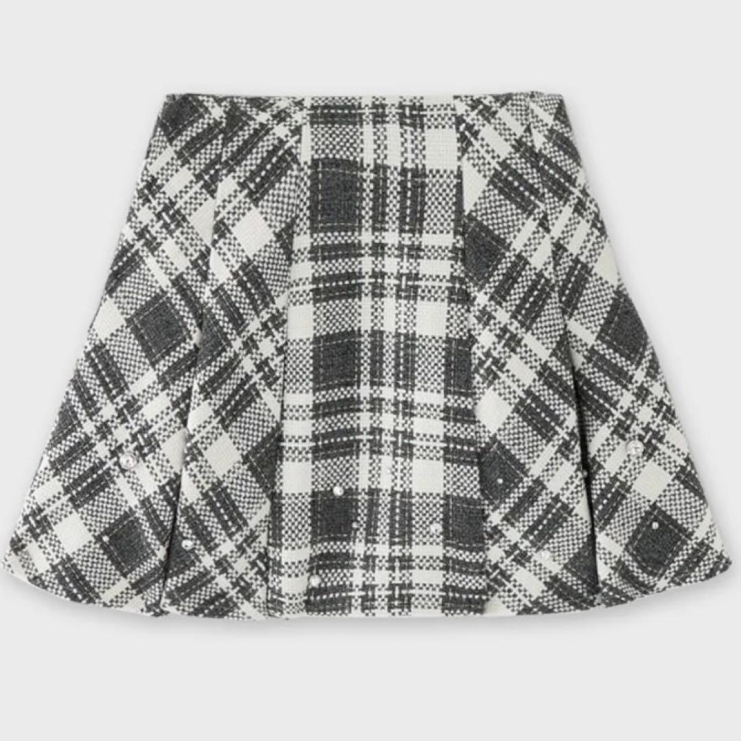 M me eme ビジューチェックフレアミニスカート グレー