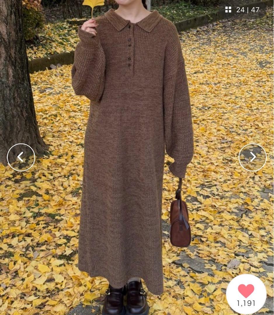 新品タグ付き　OLUN ニットポロワンピース ブラウン　Sサイズ きりまる