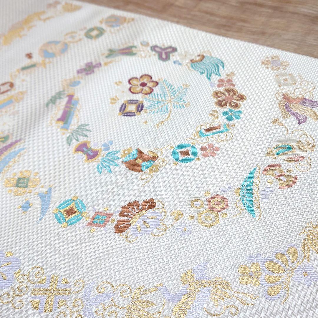 名古屋帯 宝尽くし 円 白 太鼓柄 お仕立て込み