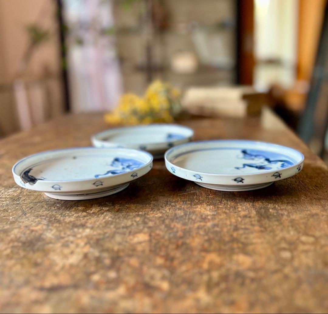 時代　古染付　雁の図　傷３枚セット　古伊万里　染付　食器　金直し練習用　古道具