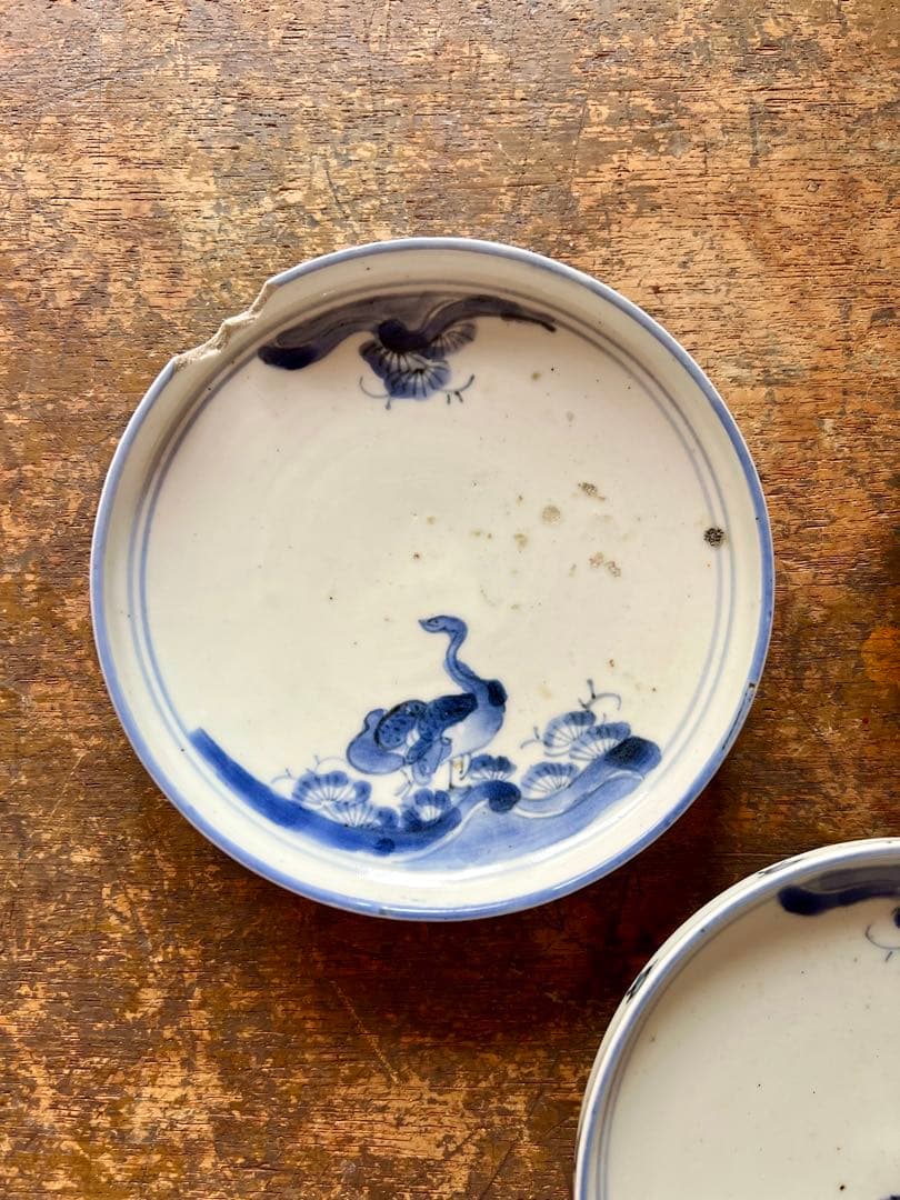 時代　古染付　雁の図　傷３枚セット　古伊万里　染付　食器　金直し練習用　古道具