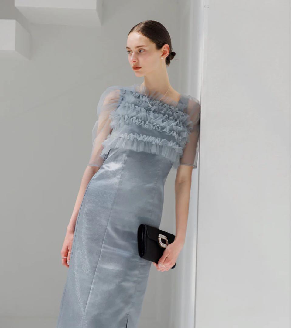 【Leja】チュールアシンメトリーティアードフリルIラインワンピースドレス