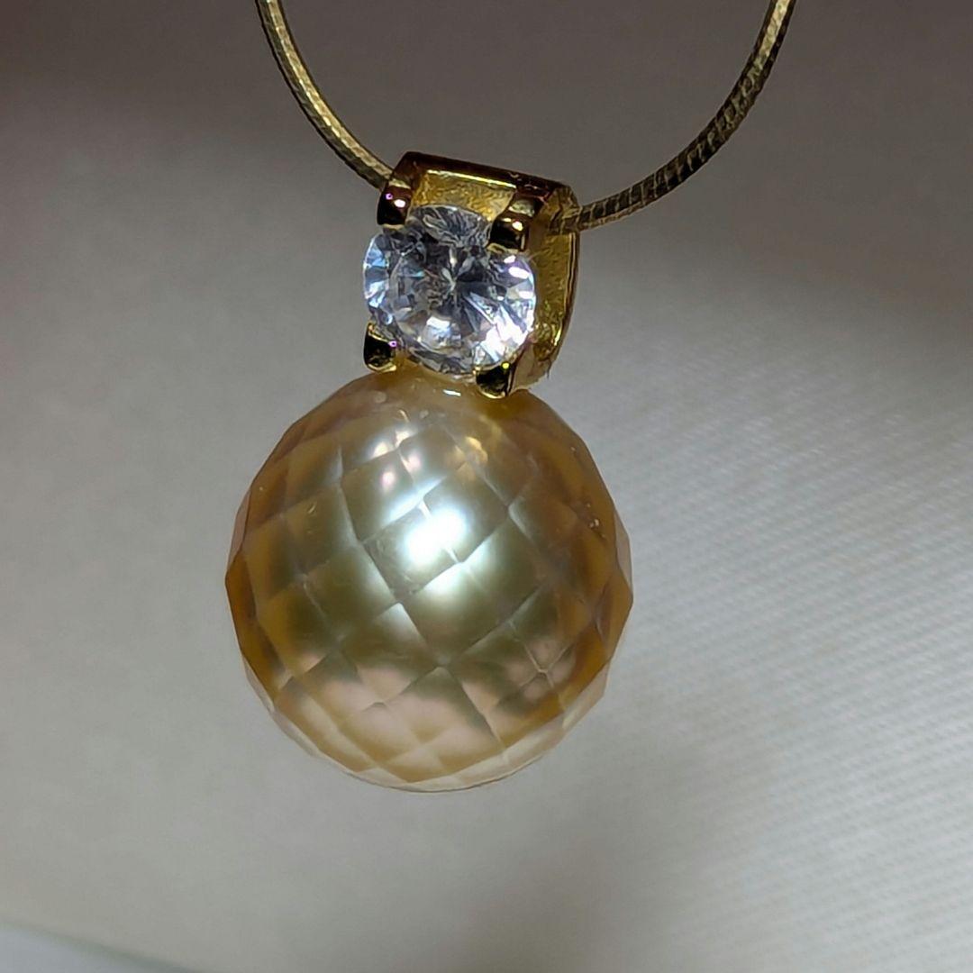 P63　切子　茶金　南洋白蝶真珠　CZダイヤ　SV ペンダントトップ