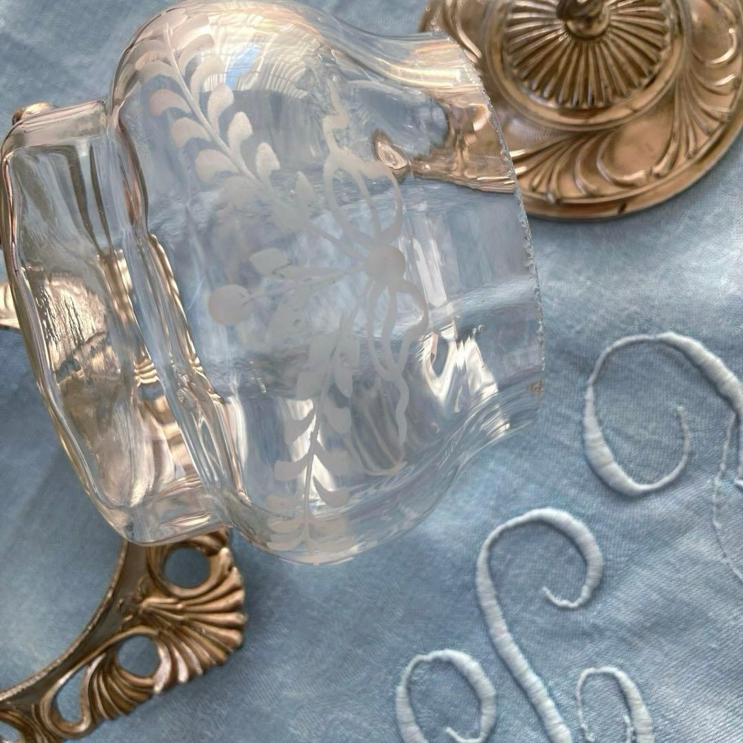 ♪フランスアンティーク リボンのガラスポットシュガーポットボンボニエール小物入れ