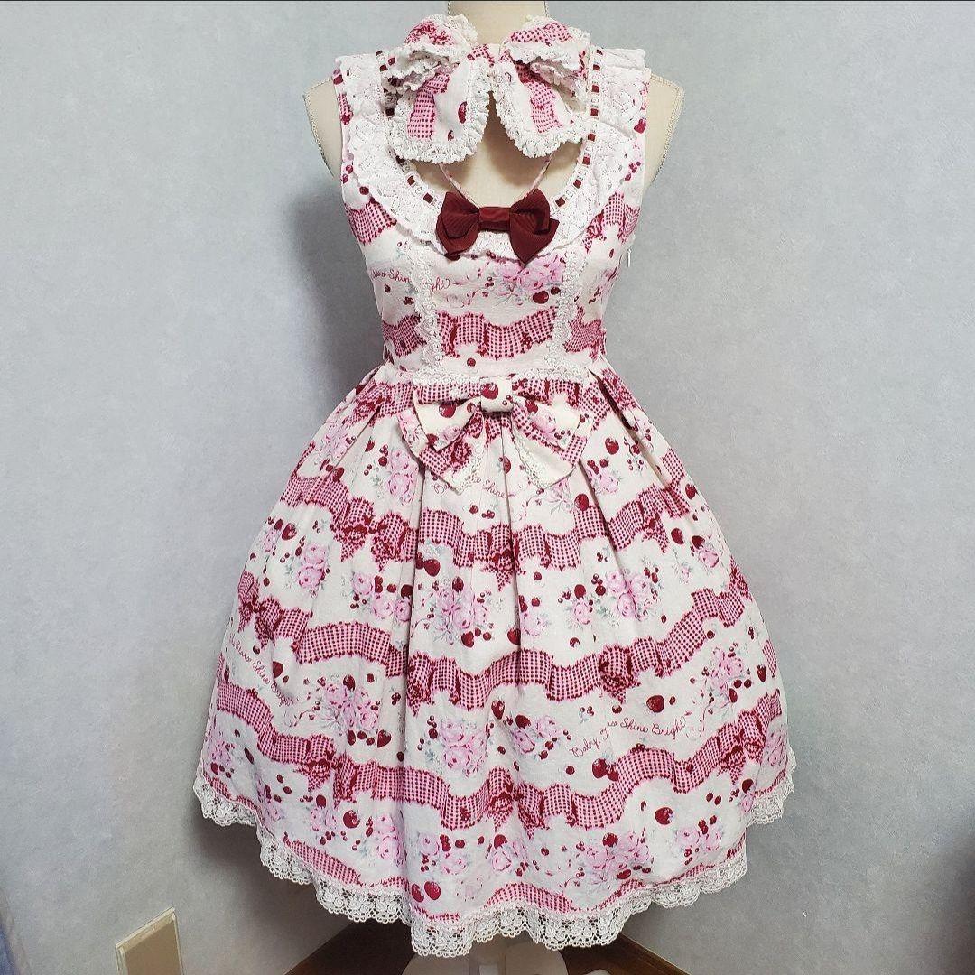 BABY, スウィートギンガムボーダーリボンリボンJSK KC セット オフ白