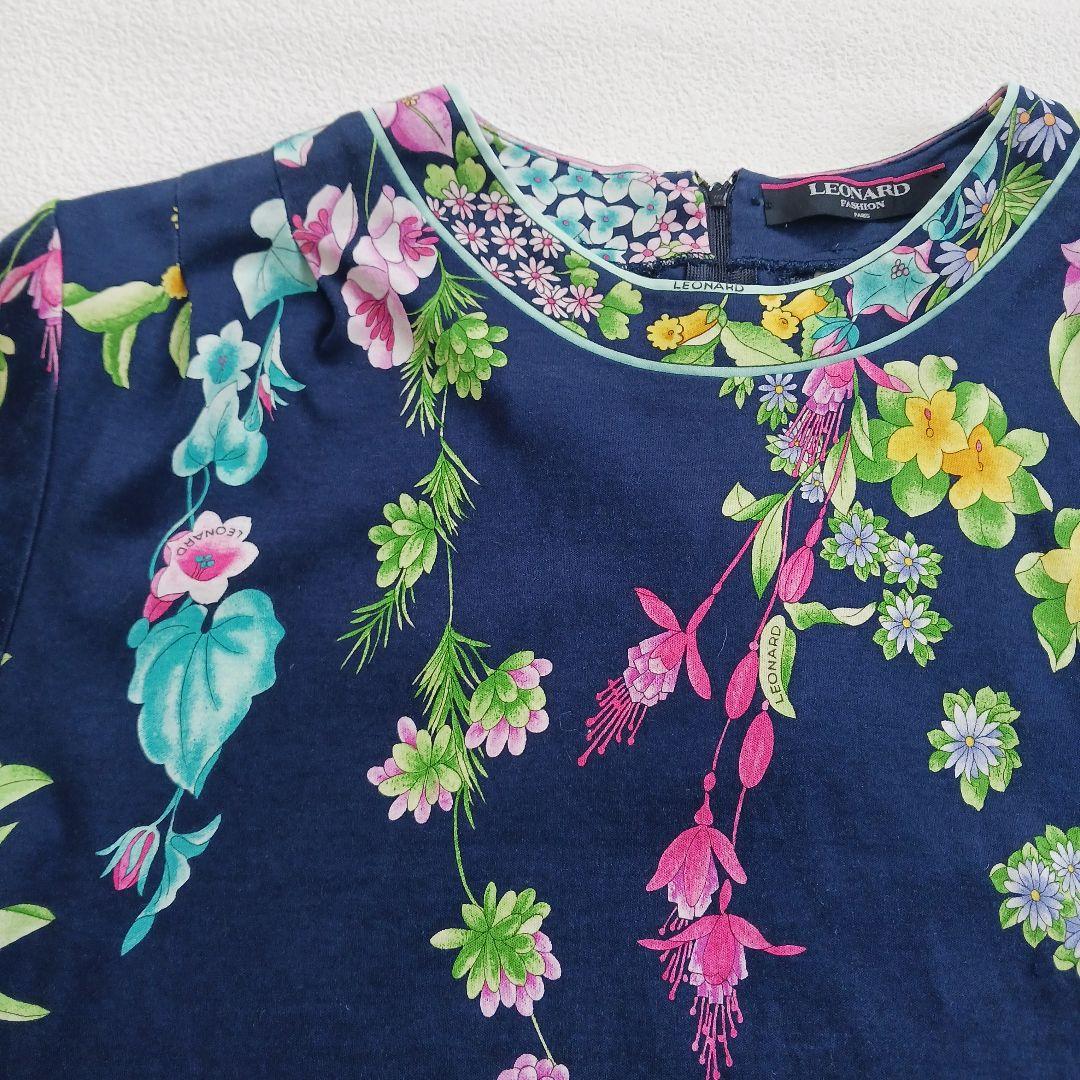 美品♬LEONARD　レオナール　花柄　総柄　カットソー　トップス　ネイビー