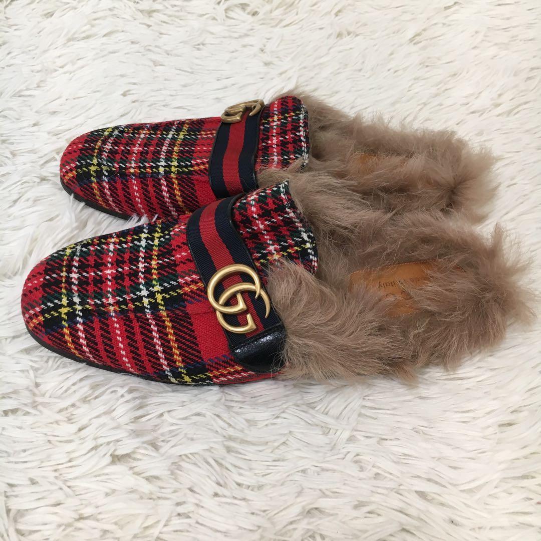 【美品】 グッチ サンダル 27cm相当 チェック柄 ファー付き マーモント