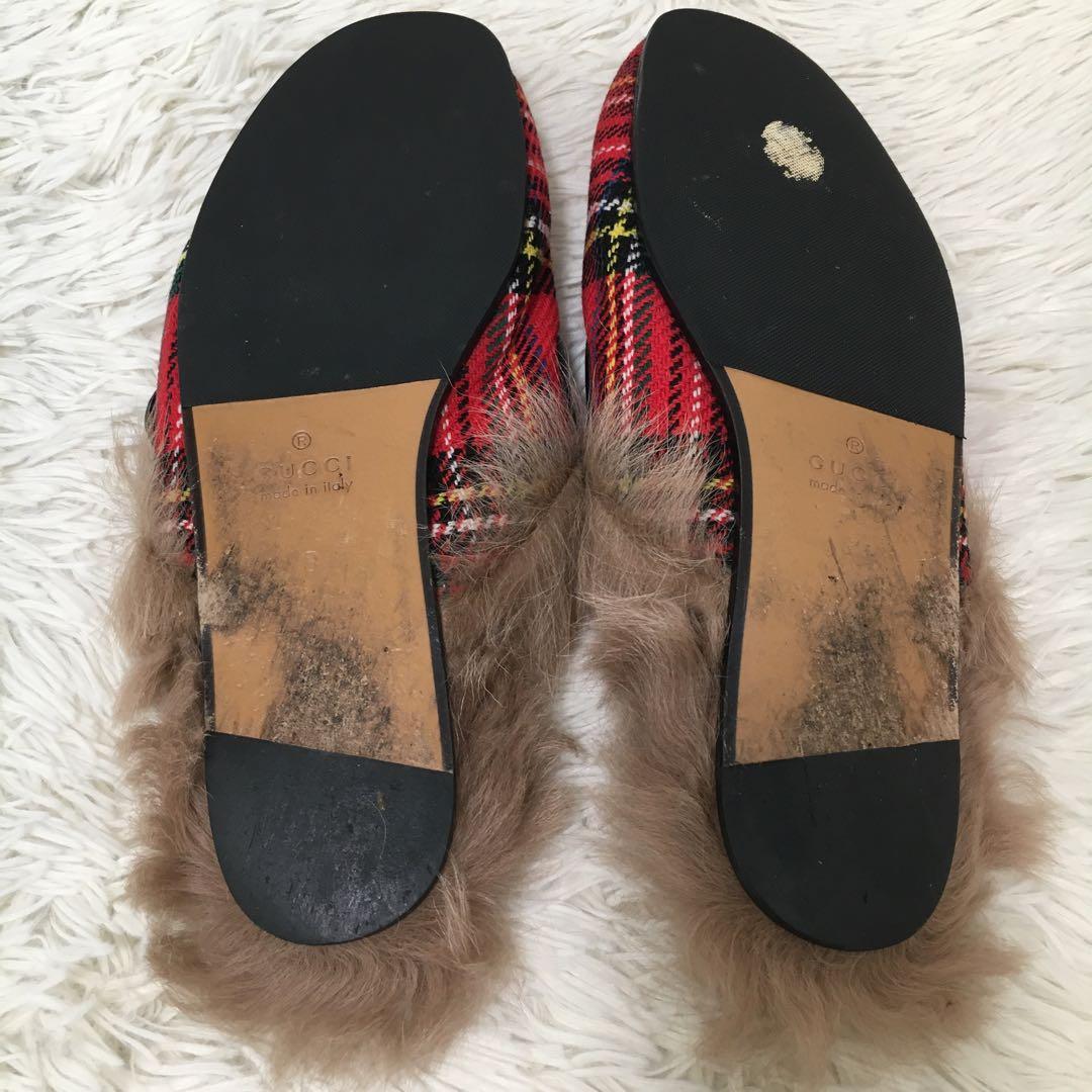 【美品】 グッチ サンダル 27cm相当 チェック柄 ファー付き マーモント